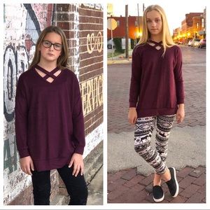 Girls’ French Terry Sweater, Criss Cross Neck